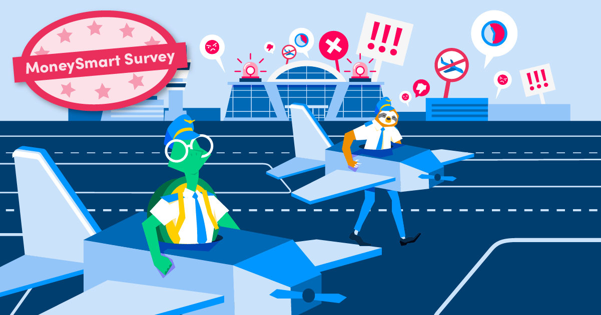 cartoon tortoise and sloth pilots in cardboard planes taking off from a runway with negative exclamations and expression speech bubbles coming from the airport in the background