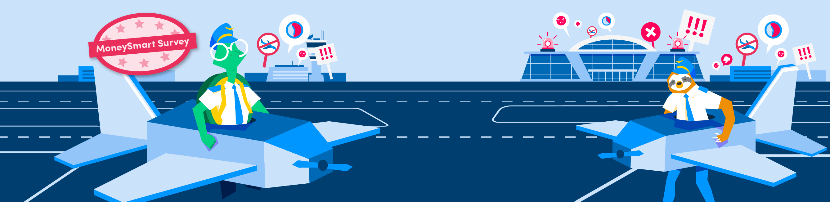 cartoon tortoise pilot and sloth pilot in fake airplanes on a blue airport runway