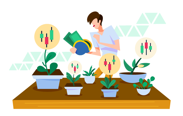 man holding wallet with dollar notes behind a wooden table with potted plants, except the flowers seem to look like red and green electrical wires