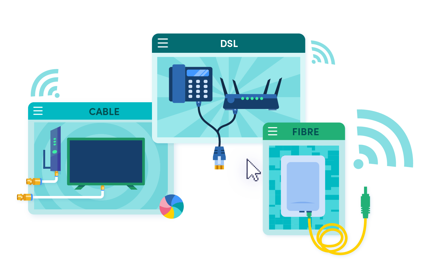 cable, dsl, and fibre icons with a mouse cursor