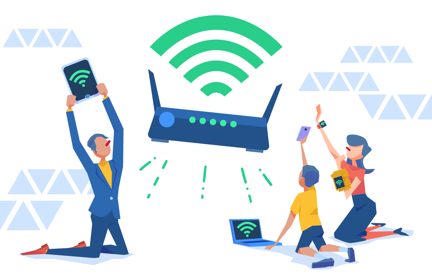 man, woman, and child holding onto mobile tablets and laptops with a green wifi signal on them, bowing down to a large floating wifi router