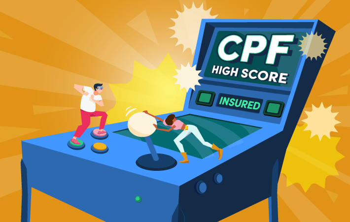 two miniature cartoon people tag-teaming on a blue arcade machine achieving a cpf high score in the game