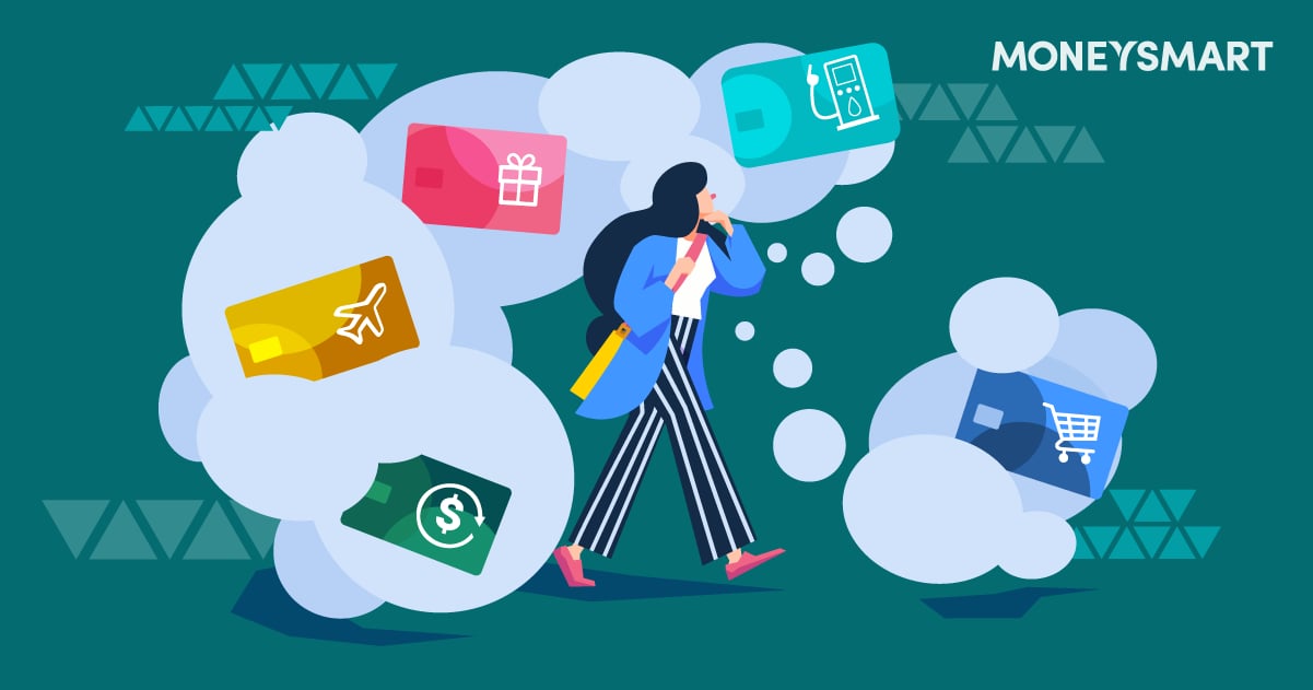 cartoon woman thinking about different types of expenses like gas, rewards, air tickets, cash, and shopping all featured in colourful cards in thought bubbles