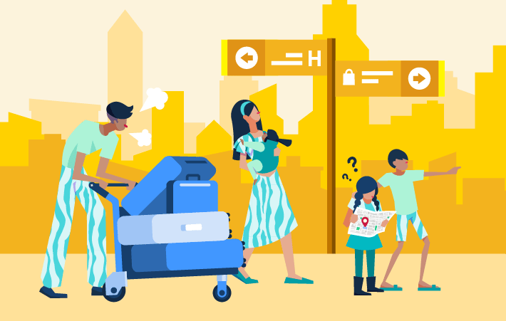 a cartoon family all dressed in green going on a family vacation, with the dad pushing their luggage behind, the mum carrying her baby, and the children in front in charge of navigation with a map