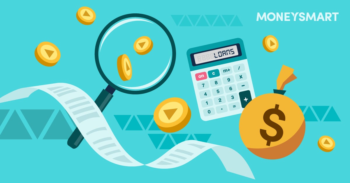magnifying glass with a calculator showing loans with floating cash