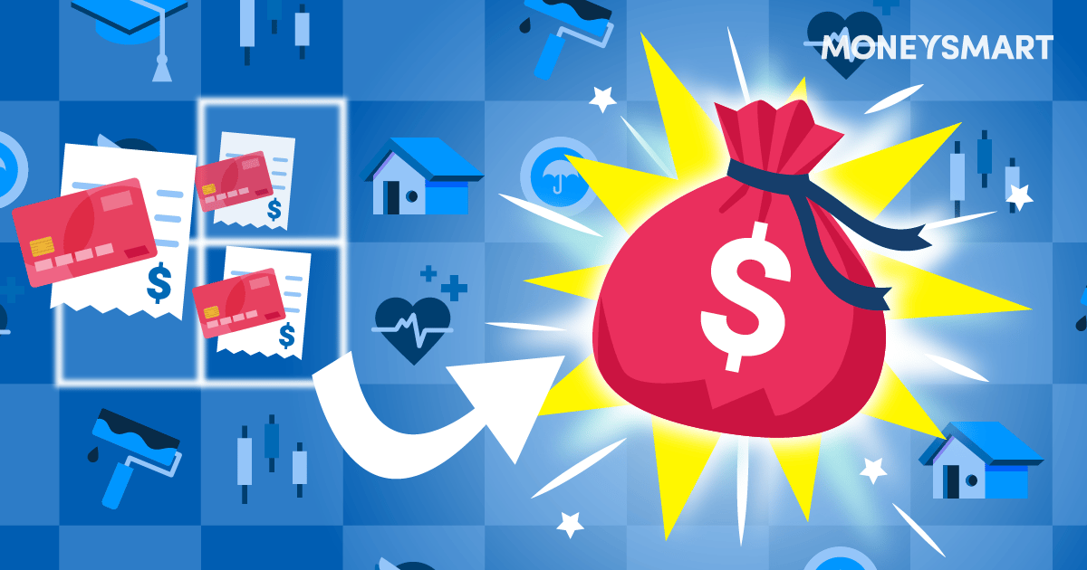 red credit cards and paper bills being converted into a glowing red money bag against a blue tiled backdrop