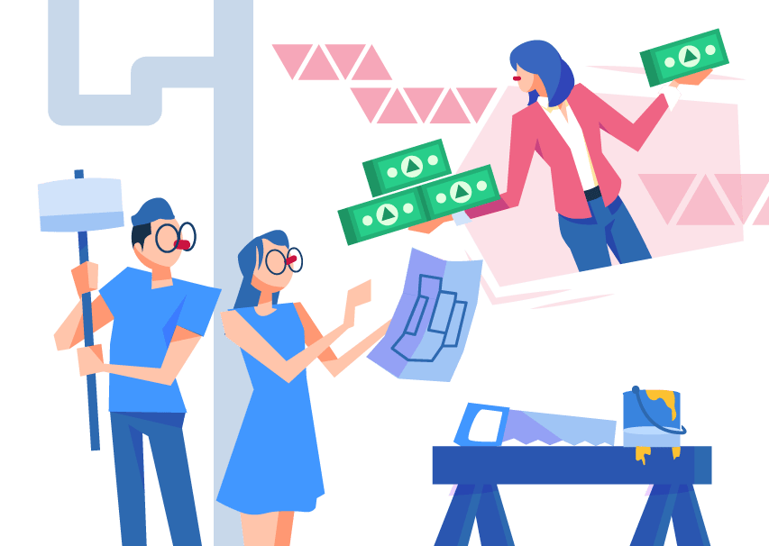 a cartoon financial advisor issuing out wads of cash for home personal loan to a couple renovating their home