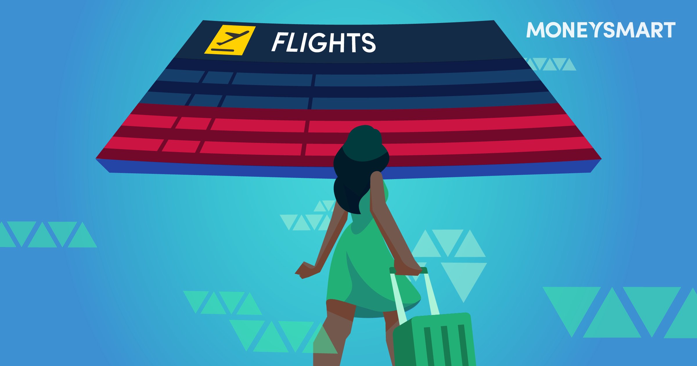 cartoon woman finding her departure or arrival flight on the flight information display panel