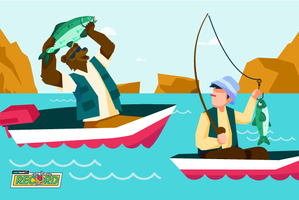 a cartoon bear in a boat celebratorily holding a fish he caught above his head while another cartoon man in another boat with his freshly-caught fish looks at it