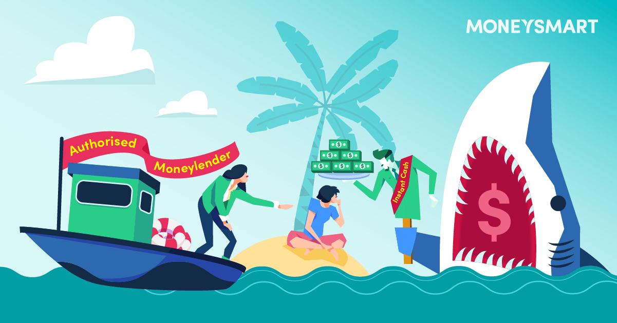a cartoon lady stranded on a deserted island faced with a dilemma between choosing licensed moneylender or dangerous loan shark (both literal and figurative)