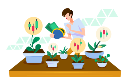 man holding wallet with dollar notes behind a wooden table with potted plants, except the flowers seem to look like red and green electrical wires