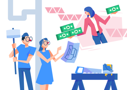 a cartoon financial advisor issuing out wads of cash for home personal loan to a couple renovating their home