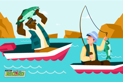 a cartoon bear in a boat celebratorily holding a fish he caught above his head while another cartoon man in another boat with his freshly-caught fish looks at it