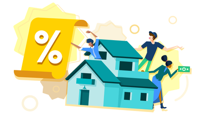 three cartoon people posing around a green double-storey house with one of them holding a big yellow letter with a % symbol on it