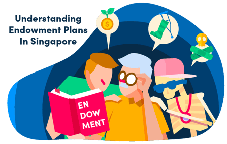 a cartoon boy educating a cartoon elderly man on endowment plans as a skeleton dripped out in swag hangs on the elderly man's other shoulder