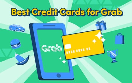 a cartoon phone featuring the Grab company logo beside a golden credit card, together with the title text "Best credit cards for grab"