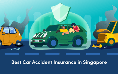 a cartoon couple with pet dog riding in a green car protected by a translucent green bubble shield against car accidents on road with bottom text "best car accident insurance in singapore"