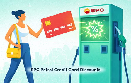 Illustration of a woman holding a red credit card at an SPC petrol pump, with a glowing discount percentage symbol — SPC Petrol Credit Card Discounts