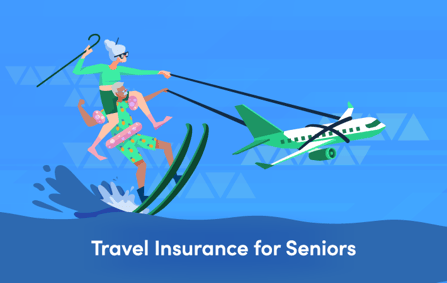 an elderly couple wakeboarding across water while holding onto ropes attached to an airplane, with the caption "travel insurance for seniors" underneath