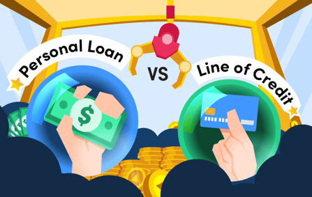 one hand holding a dollar bill labelled "personal loan" vs another hand holding a credit card labelled "line of credit" in a claw machine
