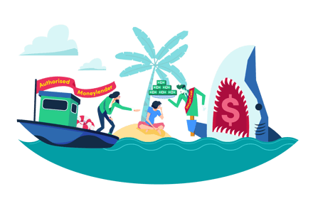 a cartoon lady stranded on a deserted island faced with a dilemma between choosing licensed moneylender or dangerous loan shark (both literal and figurative)