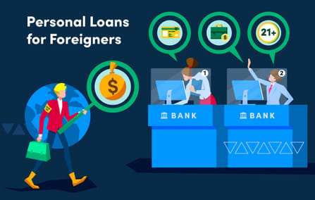 a blonde cartoon man dressed in a red suit holding a huge green magnifying glass with a huge bag of money in the middle, walking towards the bank tellers as the words "personal loans for foreigners" float above as a speech/text