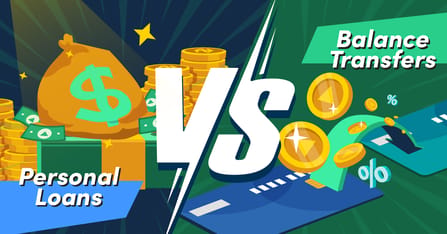 a cartoon dollar sign money bag stacked atop wads of cash labelled "personal loans" vs coins crossing a green bridge labelled "balance transfers"