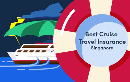 a cartoon cruise ship out on the water weather thunderstorms beside a text reading "Best Cruise Travel Insurance Singapore" enclosed within a life buoy