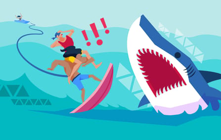 cartoon shark catching two cartoon surfers off guard and is about to chomp on them
