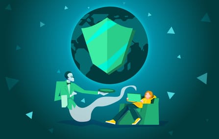 cartoon genie butler serving cartoon woman in chair holding a laptop as a cartoon globe with a green shield looms over both of them