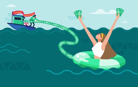 a cartoon woman holding dollar bills in her hands as she's being rescued by a float in the ocean attached to a string of dollar bills, as a man pulls her back to safety to a boat
