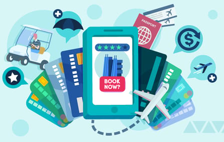 a green phone giving a hotel rating 4 stars with a Book Now? button underneath it, while being surrounded by credit cards and other travel-related icons