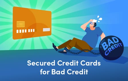 a cartoon man lying on the ground while dabbing off his sweat, chained to a heavyweight labelled "bad credit" while staring at a glowing, floating orange credit card