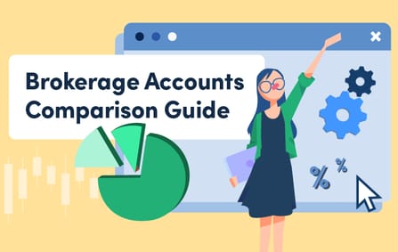 a cartoon lady holding a laptop sharing about "brokerage accounts comparison guide"