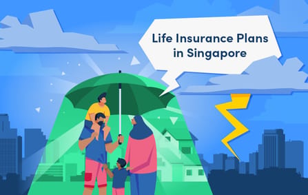 a cartoon family being shielded under a green umbrella from a lightning storm