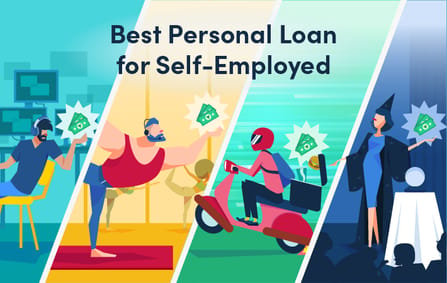 several cartoon characters doing various odd jobs, each holding floating cash enveloped by a spiky speech bubble with the title "Best personal loan for self-employed"