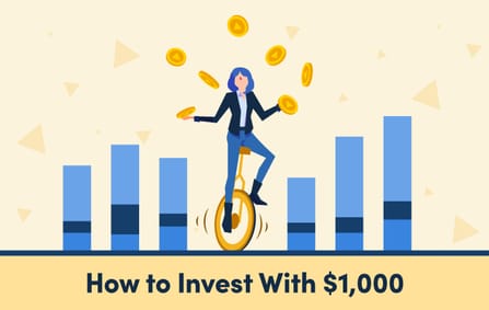 a cartoon girl balancing on a unicycle juggling coins in the air surrounded by blue bar charts with the header below "How to Invest With $1,000"