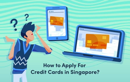 cartoon man confused over orange credit card options featured on tablet and laptop with bottom text "How to apply for credit cards in singapore?"