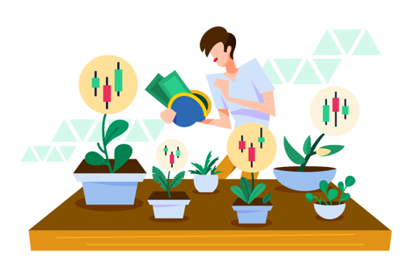 man holding wallet with dollar notes behind a wooden table with potted plants, except the flowers seem to look like red and green electrical wires