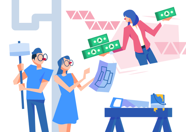 a cartoon financial advisor issuing out wads of cash for home personal loan to a couple renovating their home