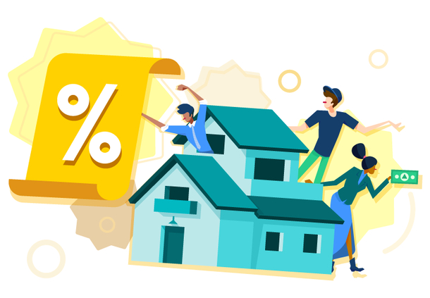 three cartoon people posing around a green double-storey house with one of them holding a big yellow letter with a % symbol on it